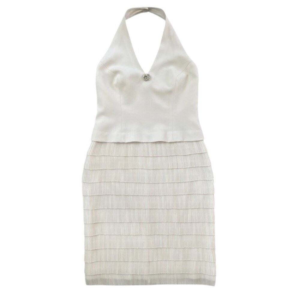 Daymor Couture Women's Cream Beige Cocktail Halter Ruffled Dress Size 8